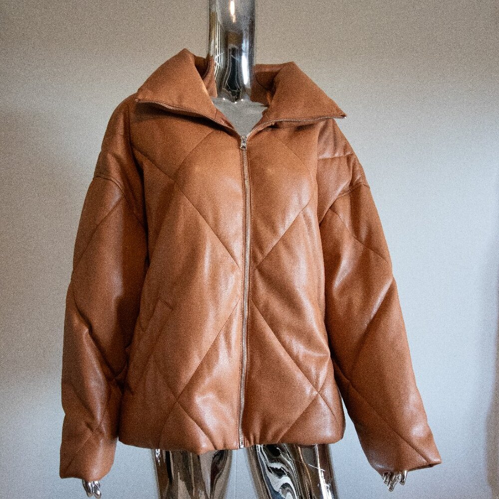 Tan Faux Leather Zip-Up Jacket